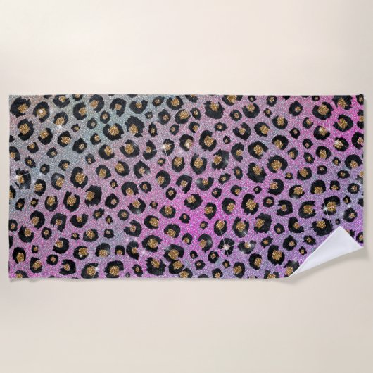 Elegant roze blauwe glitter zwarte luipaard afdruk strandlaken (Voorkant)