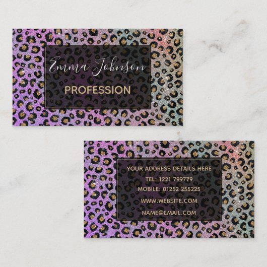 Elegant roze blauwe glitter zwarte luipaard afdruk visitekaartje (Voorkant / Achterkant)