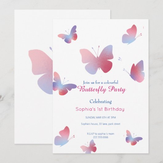 Elegant roze blauwe vlinder 1e verjaardag kaart (Voorkant / Achterkant)