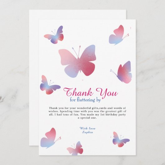 Elegant roze blauwe vlinder Birthday Bedankkaart (Voorkant / Achterkant)