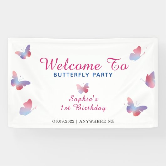 Elegant roze blauwe vlinder Birthday Spandoek (Horizontaal)