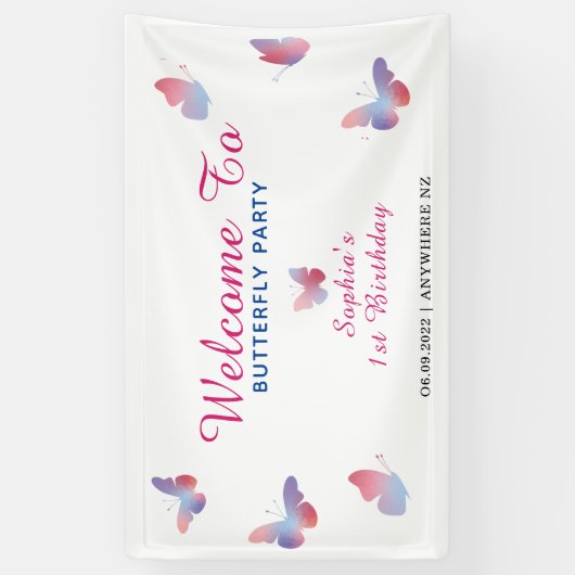 Elegant roze blauwe vlinder Birthday Spandoek (Verticaal)