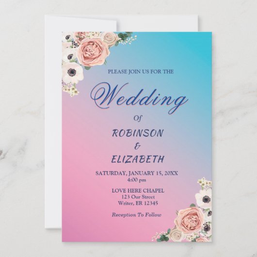 Elegant roze blauwe Waterverf Flora Wedding Custom Kaart (Voorkant)