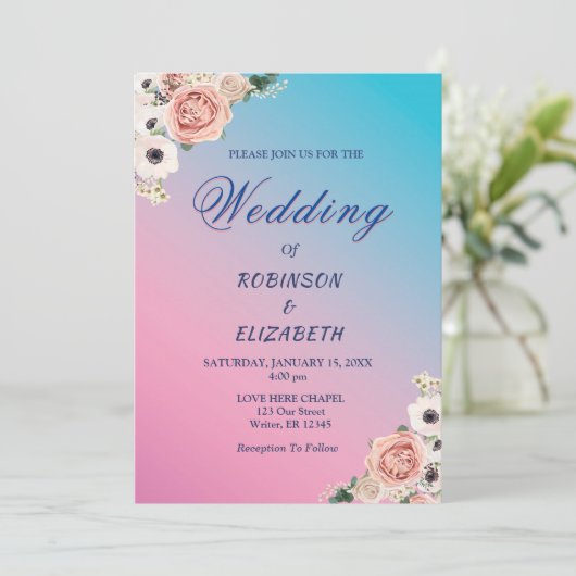 Elegant roze blauwe Waterverf Flora Wedding Custom Kaart (Staand voorkant)