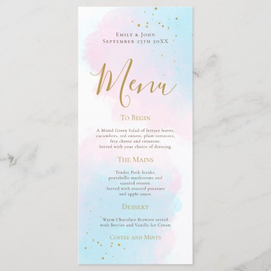Elegant roze blauwe Waterverf Gold Splash Weddensc Menu (Voorkant)