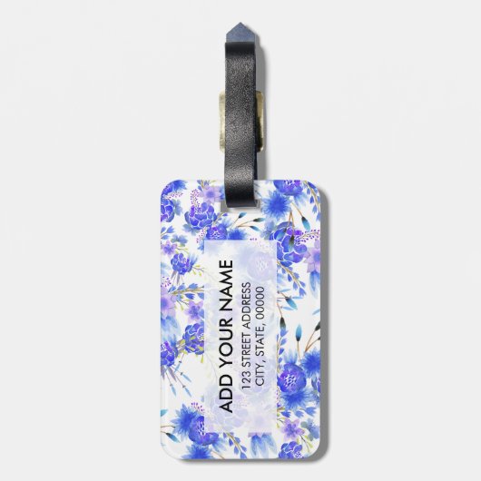 Elegant roze blauwe waterverf schattig bloespatroo bagagelabel (Achterkant verticaal)