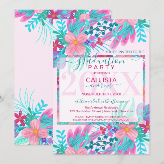 Elegant roze Blauwgroen beschilderd bloemenblad Af Kaart (Voorkant / Achterkant)