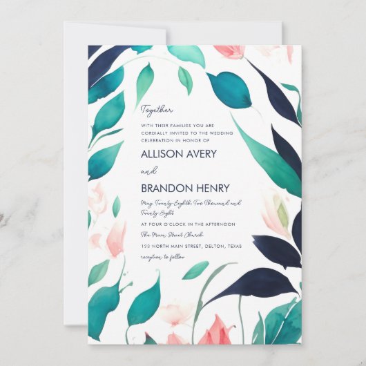 Elegant Roze Blauwgroen Blauw Waterverf Bladeren B Kaart (Voorkant)