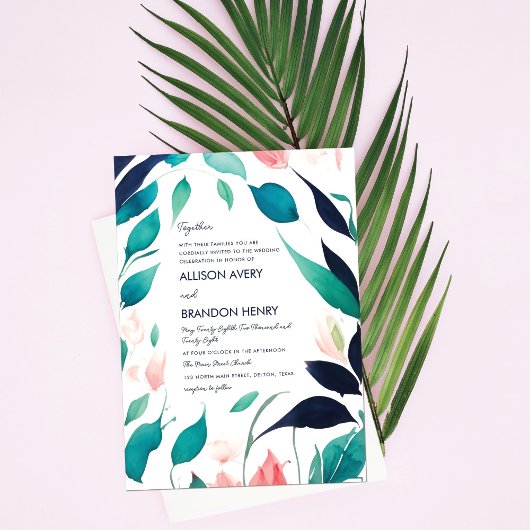 Elegant Roze Blauwgroen Blauw Waterverf Bladeren B Kaart