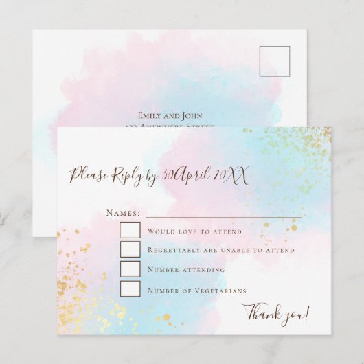 Elegant Roze Blauwgroen met Gold Confetti Wedding  Briefkaart (Voorkant / Achterkant)