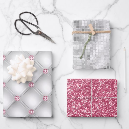 Elegant Roze Bling Silver Glitter Gift Inpakpapier Vel (Voorkant)