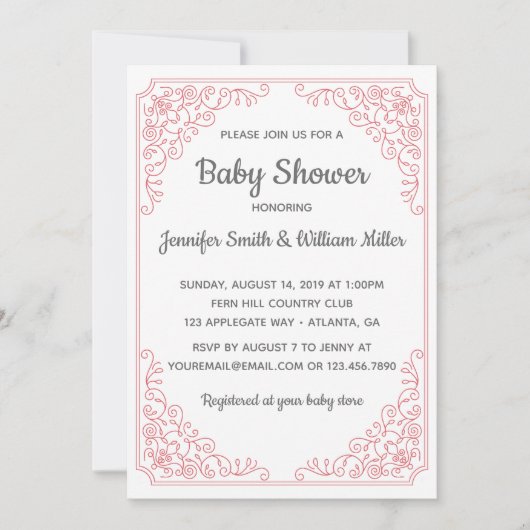 Elegant Roze bloeiende werveling lijst Baby shower Kaart (Voorkant)