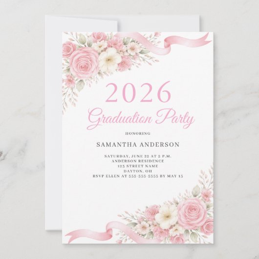 Elegant Roze Bloem 2026 Afstudeerfeest Kaart (Voorkant)