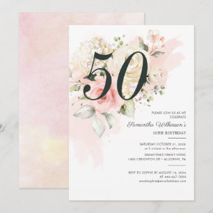 Elegant Roze Bloem 50e Verjaardagsfeestje Kaart