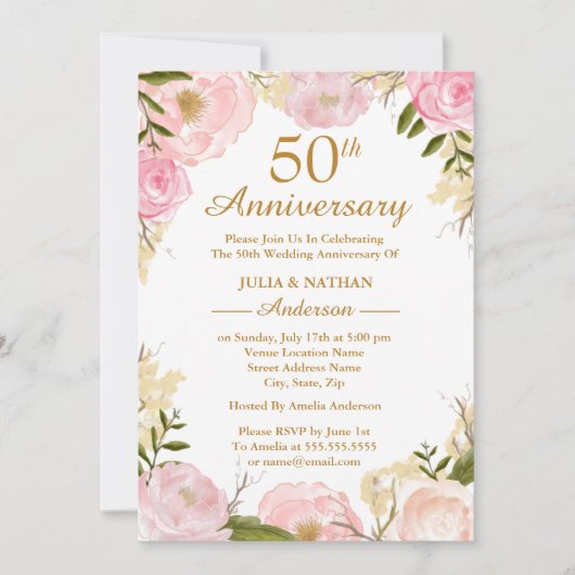 Elegant Roze Bloem 50ste Huwelijksverjaardag Kaart (Voorkant)