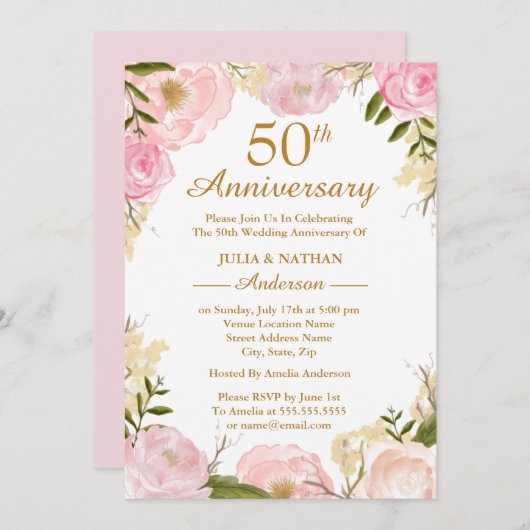 Elegant Roze Bloem 50ste Huwelijksverjaardag Kaart (Voorkant / Achterkant)