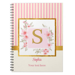 Elegant Roze Bloem Monogram en Gouden Strepen Notitieboek