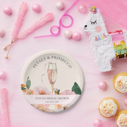 Elegant roze bloemblaadjes Prosecco Vrijgezellenfe Papieren Bordje (Feest)