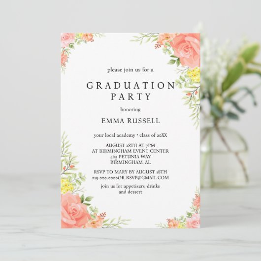 Elegant roze bloemen afstudeerfeest kaart (Staand voorkant)