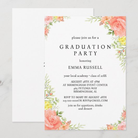 Elegant roze bloemen afstudeerfeest kaart (Voorkant / Achterkant)