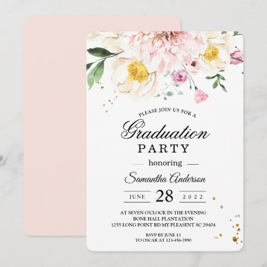 Elegant roze bloemen afstudeerfeest kaart (Voorkant / Achterkant)