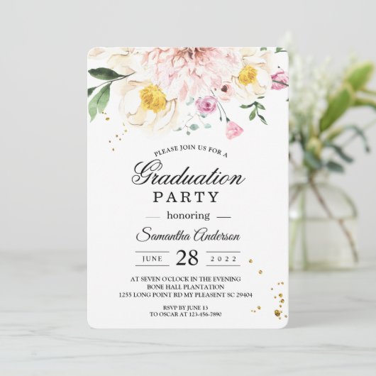 Elegant roze bloemen afstudeerfeest kaart (Staand voorkant)