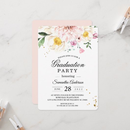 Elegant roze bloemen afstudeerfeest kaart (Voorkant / Achterkant in situ)