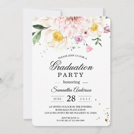 Elegant roze bloemen afstudeerfeest kaart (Voorkant)