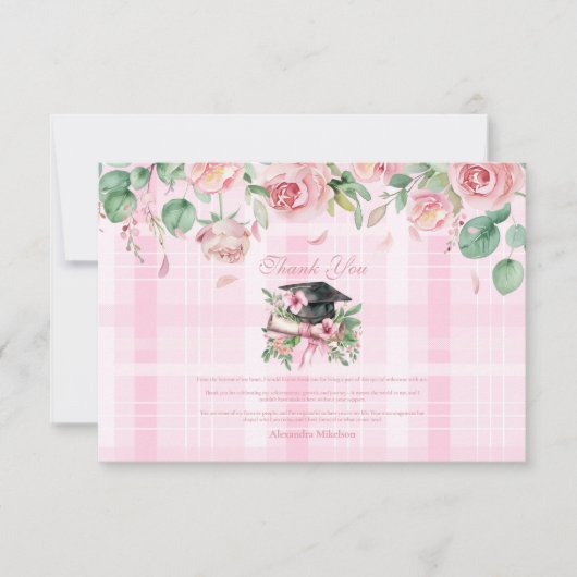 Elegant Roze Bloemen Afstuderen Bedankkaart (Voorkant)