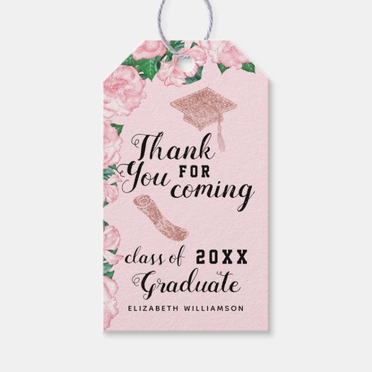 Elegant roze bloemen Afstuderen Dank u Cadeaulabel (Voorkant)