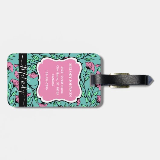 Elegant Roze Bloemen Bagagelabel met Monogram (Achterkant horizontaal)