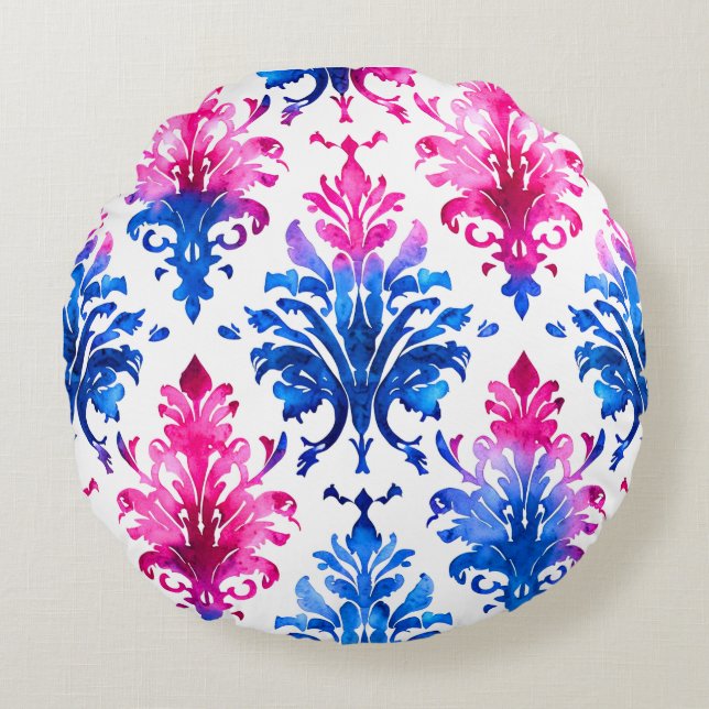 Elegant Roze Bloemen Damaskpatroon Rond Kussen (Voorkant)