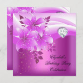 Elegant roze bloemen diamanten verjaardagsfeestje kaart (Voorkant / Achterkant)