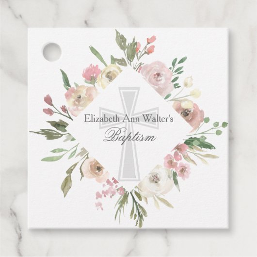 Elegant Roze Bloemen Doop Religieus Custom Party Bedankjes Labels (Voorkant)