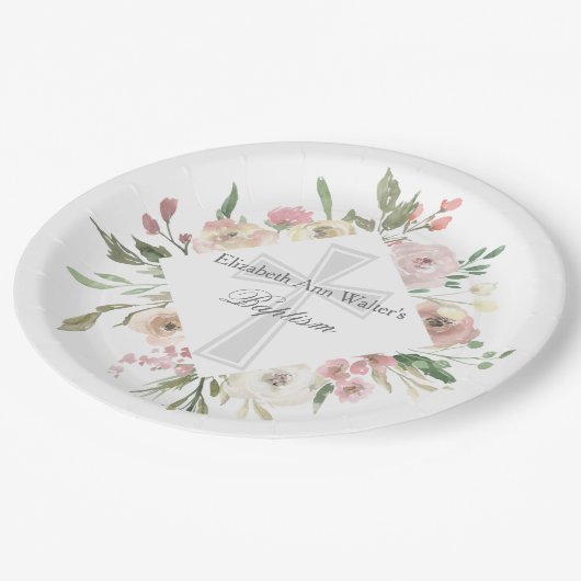 Elegant Roze Bloemen Doop Religieus Custom Party Papieren Bordje (Gekanteld)