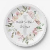 Elegant Roze Bloemen Doop Religieus Custom Party Papieren Bordje (Voorkant)