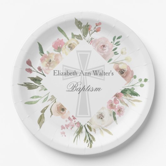 Elegant Roze Bloemen Doop Religieus Custom Party Papieren Bordje (Voorkant)