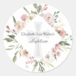 Elegant Roze Bloemen Doop Religieus Kruis Aangepas Ronde Sticker