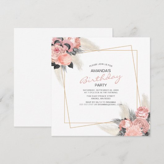 Elegant roze bloemen en ivoor pampas Birthday iv Kaart (Voorkant / Achterkant)