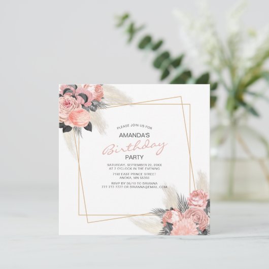 Elegant roze bloemen en ivoor pampas Birthday iv Kaart (Staand voorkant)