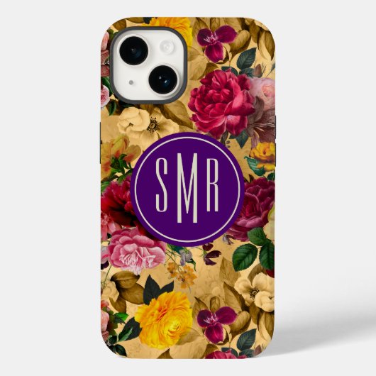 Elegant roze bloemen geel monogram Case-Mate iPhone case (Achterkant)