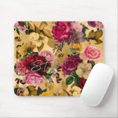 Elegant roze bloemen geel monogram muismat (Met muis)