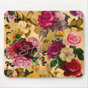 Elegant roze bloemen geel monogram muismat