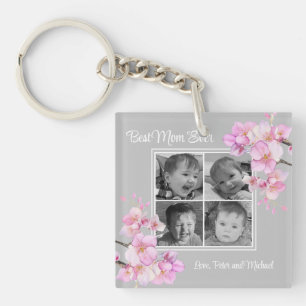 Elegant roze bloemen gepersonaliseerde vier foto's sleutelhanger
