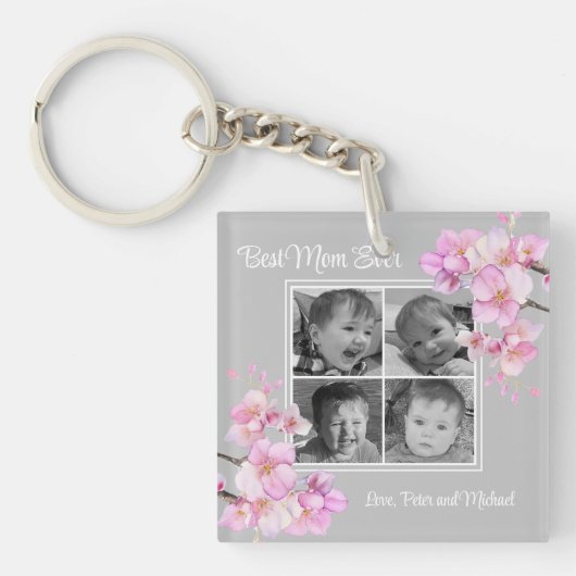 Elegant roze bloemen gepersonaliseerde vier foto's sleutelhanger (Voorkant)