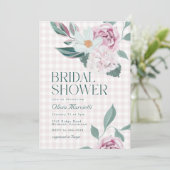 Elegant Roze Bloemen Gingham Garden Vrijgezellenfe Kaart (Staand voorkant)