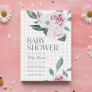 Elegant Roze Bloemen Gingham Meisje Baby shower Kaart