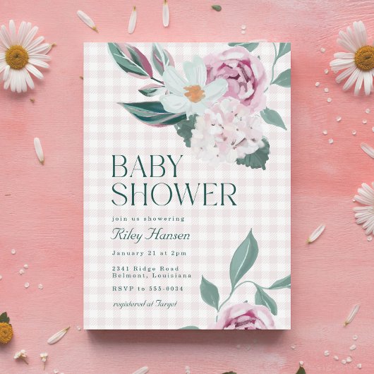Elegant Roze Bloemen Gingham Meisje Baby shower Kaart
