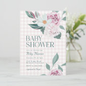 Elegant Roze Bloemen Gingham Meisje Baby shower Kaart (Staand voorkant)