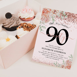 Elegant Roze Bloemen & Glitter 90ste Verjaardagsfe Kaart